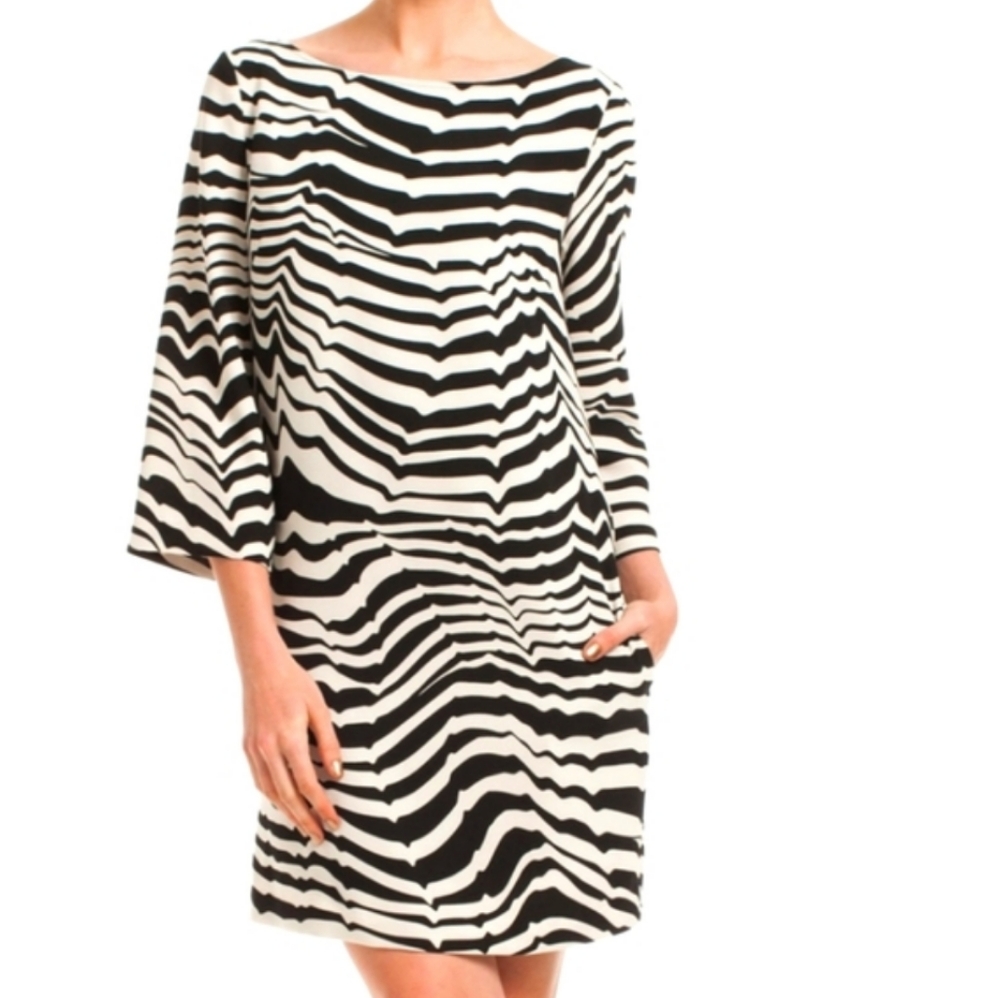 Trina Turk Women's Off White & Black Zebra Stripe Lined 3/4 Sleeve Dress 4